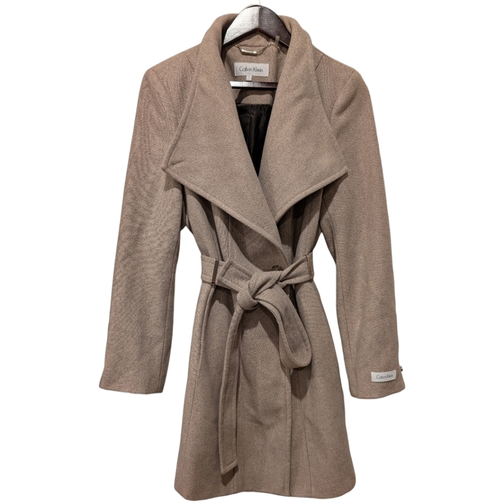 ​Calvin Klein Wool Blend Belted Wrap Coat Shawl Collar - Taupe Melange Size L